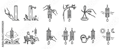 Wind chime installation and use icon set in a simple hand-drawn doodle style, illustrating steps for hanging garden decor and enjoying the relaxing sound in a peaceful outdoor setting