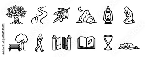 Set of twelve religious icons depicting a biblical story with symbols like a praying figure, olive tree, chalice, and lantern in a simple black and white line art illustration style