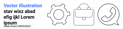 Gear outline, briefcase, and phone icons symbolizing productivity, business tools, and communication. Ideal for corporate branding, workflow, careers, operations networking technology simple
