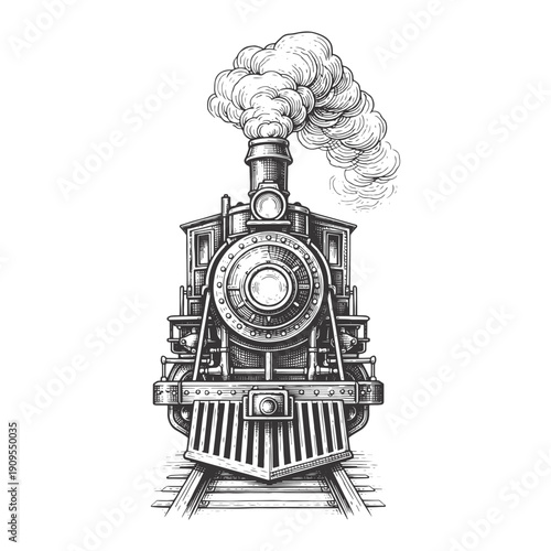 Vintage steam locomotive vector illustration, black and white hand drawn train with smoke, front view, railway transportation graphic resource isolated on White Background