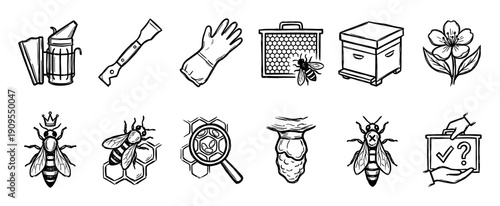 Set of black and white beekeeping icons in a hand-drawn doodle style, illustrating various apiculture elements like a bee, hive, honeycomb, queen, smoker, and other equipment