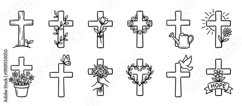 Hand drawn Christian cross doodle collection with flowers, leaves, a dove, and nature elements representing faith, hope, and Easter in a simple black and white line art style