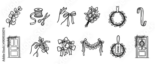 Collection of hand-drawn spring decoration icons in a simple doodle style, featuring a wreath, garland, bow, door, and leafy branches for seasonal crafting projects