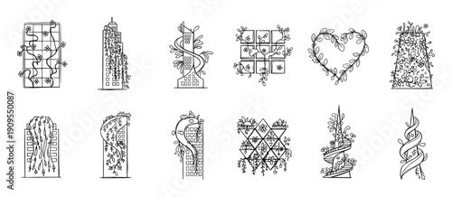 Collection of hand-drawn black line illustrations showing green architecture concepts with buildings and trellises overgrown with climbing plants, vines, and flowers in a minimalist doodle style