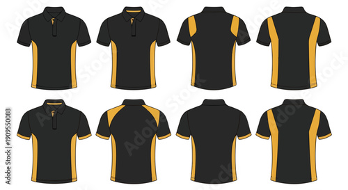 Collection of eight black polo shirts with yellow accents displayed from various angles on a white background.