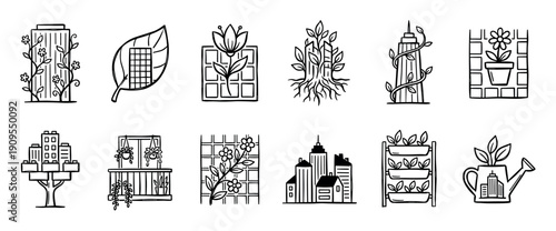 Set of hand-drawn green city icons illustrating urban ecology concepts with plants growing on skyscrapers and buildings in a simple black and white line art doodle style