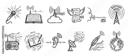 Hand-drawn doodle icon set of radio, poetry, and broadcasting elements featuring a microphone, book, tower, and globe in a black and white sketch style for communication concepts