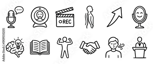 Set of black line art icons representing business communication, personal development, and creative ideas, including a microphone, webcam, brain, and handshake in a simple doodle style