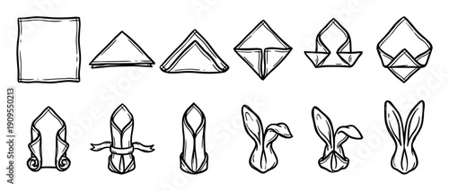 Hand-drawn guide to napkin folding showing the step-by-step process of creating a festive bunny shape, a creative table decoration illustrated in a simple line art style