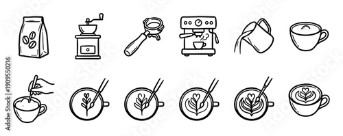 Set of hand-drawn coffee making icons in a black and white doodle style, illustrating the barista process with a grinder, machine, portafilter, and various stages of creating latte art
