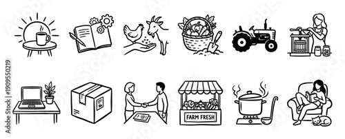 Collection of hand-drawn black line icons illustrating a modern self-sufficient lifestyle, including farming, local business, remote work, and cozy home activities