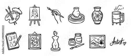 Hand-drawn black and white art icons set featuring painting, pottery, and sculpture elements like an easel, palette, potter's wheel, and kiln in a simple doodle sketch style