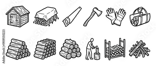 Firewood and woodcutting tools icon set collection showing a shed, axe, saw, logs, and a person chopping wood in a simple black and white line art vector illustration style