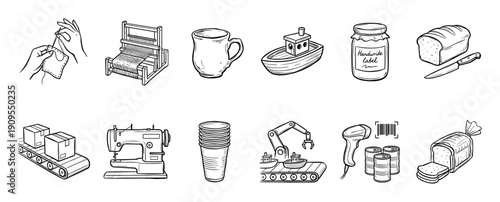 Collection of black and white line art illustrations contrasting handmade craft with industrial mass production, showing sewing, weaving, food packaging, and factory automation icons
