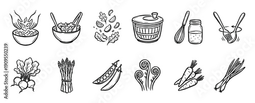 Hand-drawn salad and vegetable icon set with various fresh ingredients like carrots, asparagus, and peas, along with kitchen tools for preparation in a black and white doodle style