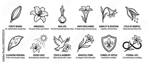 Collection of lily flower icons explaining their symbolic meanings of purity, innocence, and new life in a black and white line art infographic with descriptive text