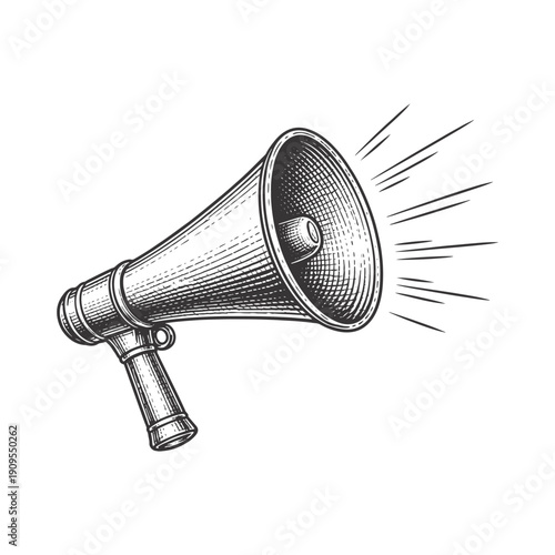 Vintage megaphone vector illustration, hand drawn engraving style, black and white speaker icon, communication announcement concept isolated on White Background