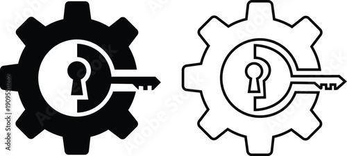 Illustration of black and white gear icons with key and lock combination