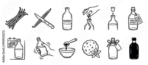 Hand-drawn black and white icons illustrating the step-by-step process of making homemade vanilla extract, from splitting pods to aging in a bottle for baking