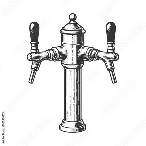 Vintage beer tap dispenser with two spouts, hand drawn vector illustration in engraving style, black and white isolated on White Background