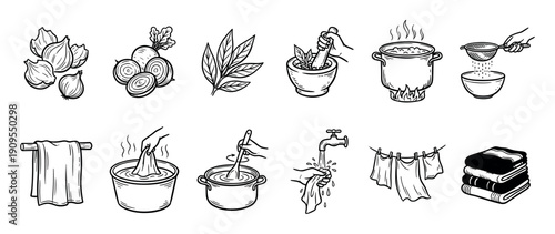 Set of hand-drawn black line icons showing the step-by-step process of natural fabric dyeing with vegetables and plants, from preparing ingredients to washing and drying textiles