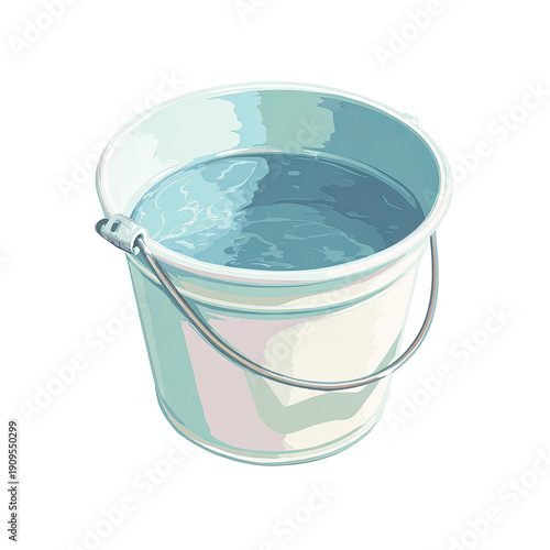 Cartoon-style rendering of a light blue metal bucket with clear water and a metal handle