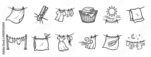 Hand-drawn laundry and clothes drying icons set featuring a clothesline with various garments, a basket, clothespin, and weather symbols in a simple black and white doodle style