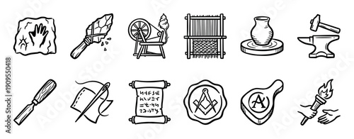 Set of hand-drawn black icons representing ancient crafts, historical skills, and symbolic objects like pottery, weaving, blacksmithing, and masonry in a simple sketch style