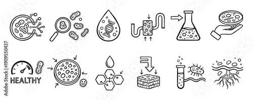 Collection of twelve microbiology doodle icons representing scientific research, probiotics, healthy bacteria, DNA, filtration, and laboratory experiments in a minimalist black line art style