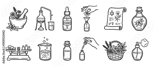 Set of hand-drawn black line icons for alchemy and perfumery, featuring a mortar and pestle, distillation apparatus, essential oil bottle, and a basket of flowers