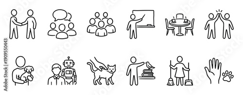 Set of black line icons representing companionship, friendship, and various interactions like teamwork, communication, pet care, and learning, drawn in a simple minimalist vector style