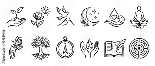 Set of hand-drawn spiritual icons representing mindfulness, growth, and nature in a simple black and white doodle style, including a meditating person, tree of life, and compass