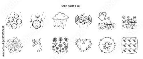 Black and white line art icon collection illustrating the concept of seed bombs, from planting and watering to germination and flowering, in a simple hand-drawn doodle style