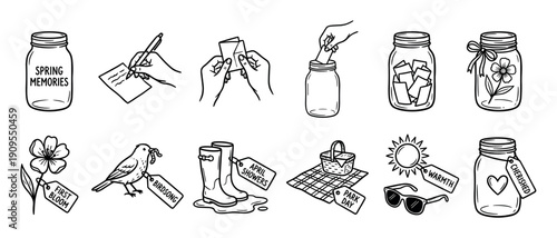 Hand-drawn black and white icon set depicts collecting spring memories in a jar, featuring charming doodle illustrations of seasonal activities like picnics and enjoying the first bloom