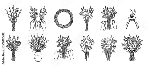 Set of hand-drawn floral illustrations featuring spring bouquets, a rustic wreath, and florist elements in a simple black and white line art doodle style collection