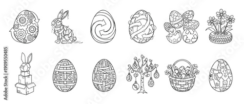 Set of black and white Easter illustrations with a recycling and sustainability theme, featuring eco-friendly eggs, bunnies, and symbols in a hand-drawn doodle style for coloring