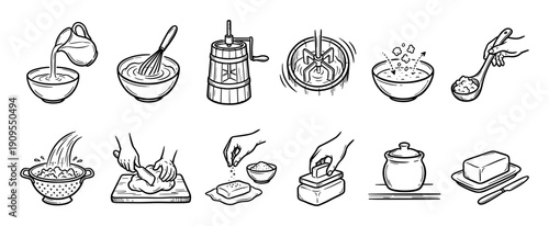 Hand-drawn butter making process icons set shows the traditional steps from cream to finished product in a vintage sketch style, including churning, kneading, and salting