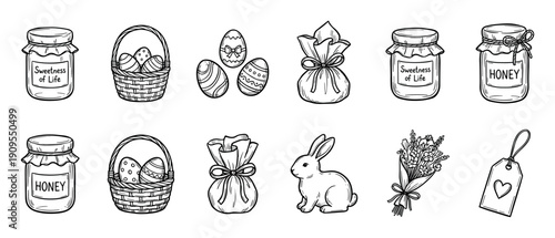 Charming set of hand-drawn Easter icons including a cute bunny, decorated eggs, a basket, honey jars, a gift pouch, and a flower bouquet in a black and white sketch style