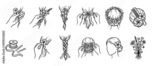 Collection of hand-drawn hairstyling icons shows the process of creating beautiful braids and updos with flowers, ribbons, and combs for a romantic, bohemian wedding look