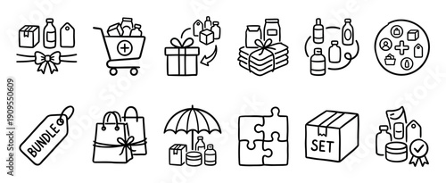 Collection of black line art bundle icons hand-drawn in a doodle style, representing ecommerce concepts like product sets, value packs, shopping kits, and promotional offers