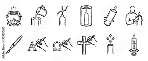 Set of hand-drawn icons illustrating the traditional process of making and decorating a Paschal candle for the Easter vigil, showing wax melting, carving, and religious symbols