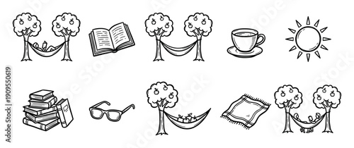 Set of hand-drawn doodle icons representing summer relaxation with a person in a hammock, books, apple trees, sun, and coffee cup in a simple black and white sketch style