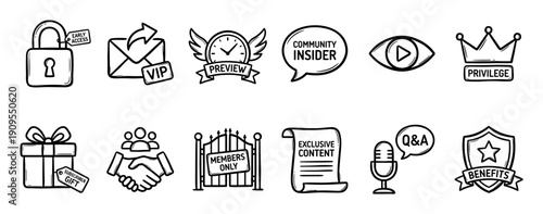 Set of hand-drawn membership icons representing exclusive benefits, early access, VIP status, and subscriber gifts in a black and white doodle style for community engagement