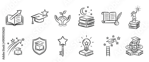 Set of hand-drawn education icons in a simple black and white doodle style, illustrating concepts of learning, graduation, knowledge, achievement, growth, and success