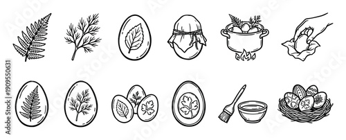Hand-drawn line art icons illustrating the traditional process of decorating Easter eggs using natural plant imprints, showing steps from leaf collection to the finished nest