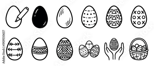 Black and white Easter egg icons set with various hand-drawn doodle patterns, a basket, and hands holding a decorated egg in a simple minimalist line art style