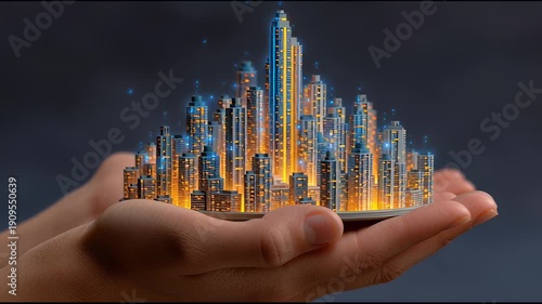 Digital city model futuristic city glowing skyscraper urban skyline miniature city hands holding city technology concept smart city digital architecture cityscape modern building illuminated tower