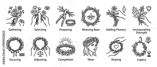 Set of twelve line art icons showing the step-by-step process of making a flower crown, from gathering wildflowers to wearing and sharing the finished handmade wreath