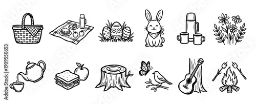 Set of hand-drawn picnic and camping icons featuring a basket, bunny, campfire, guitar, food, and nature elements in a simple black and white doodle sketch illustration style