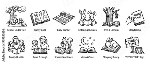 Collection of hand-drawn storytelling icons featuring families, animals, and books in a whimsical line art style, perfect for illustrating reading and bedtime stories concepts